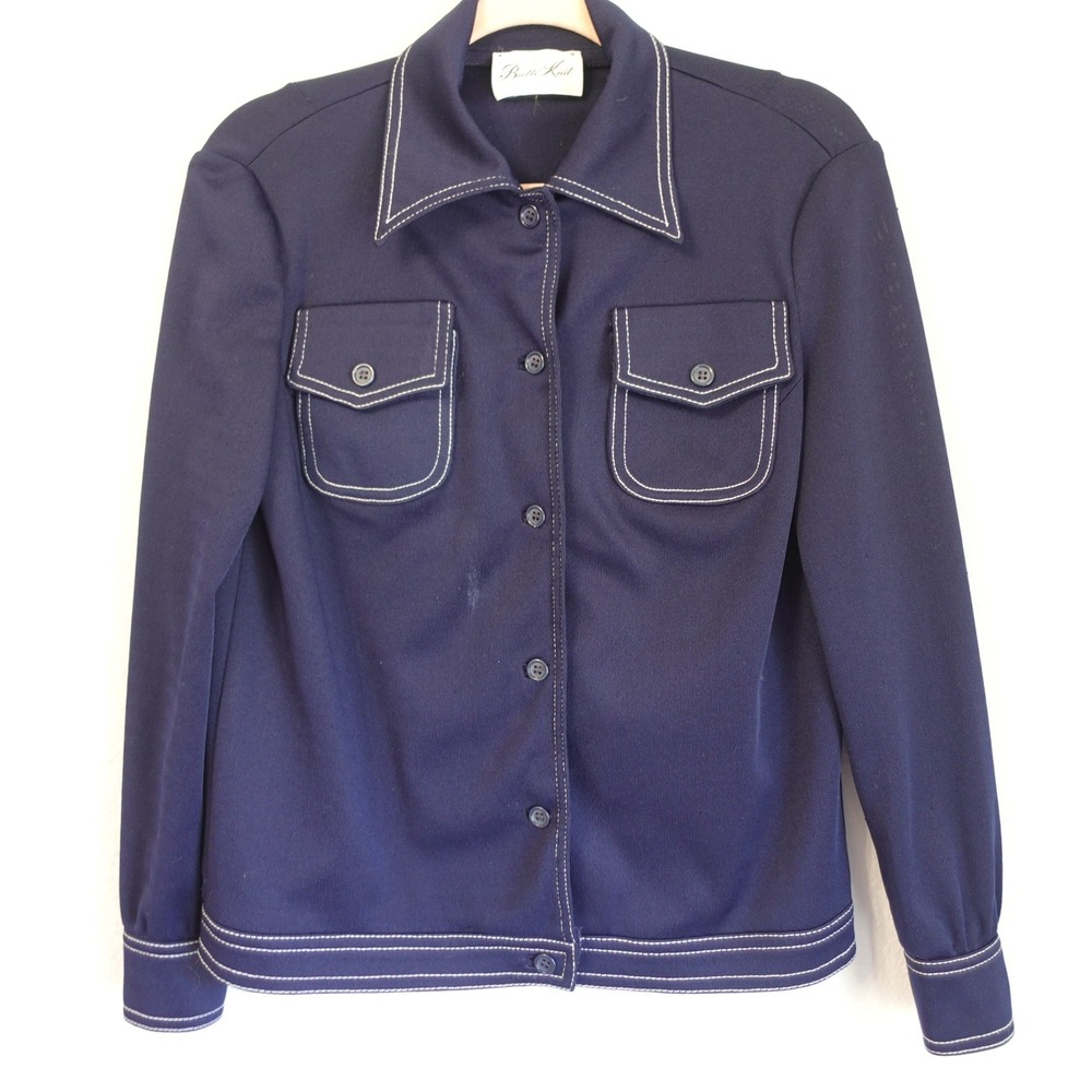 Vintage 1970s Shirt Jacket Blue Polyester Dagger Collar Retro Mod Disco‎ Medium